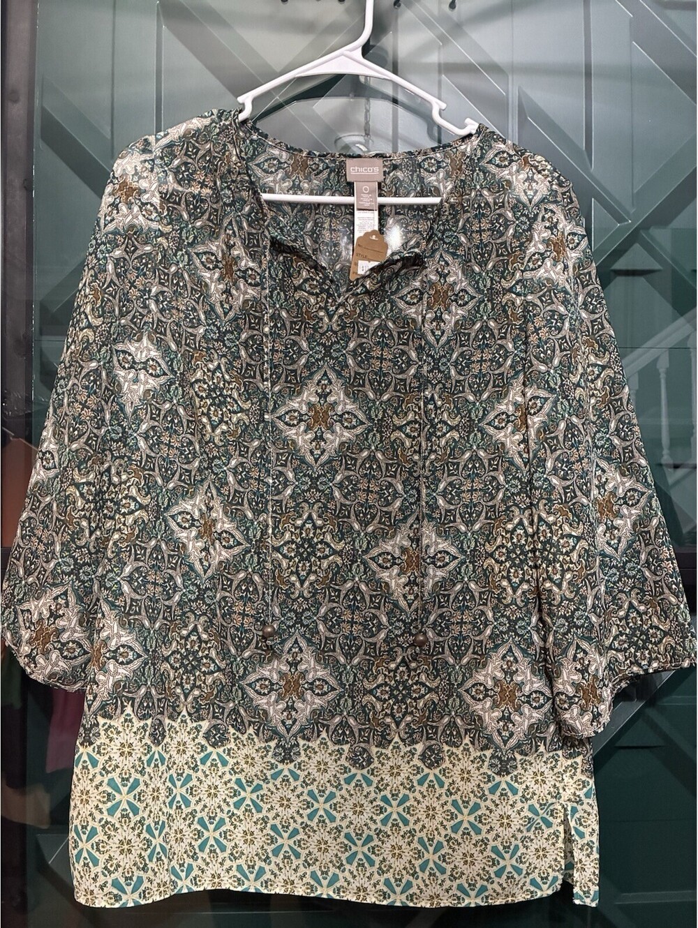 Chico’s Green Paisley Medallion Tie Front Ladies Blouse - Size 0